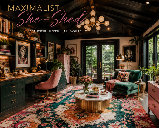 Maximalist she’d she’d with home office, green rug and beautiful backyard decor