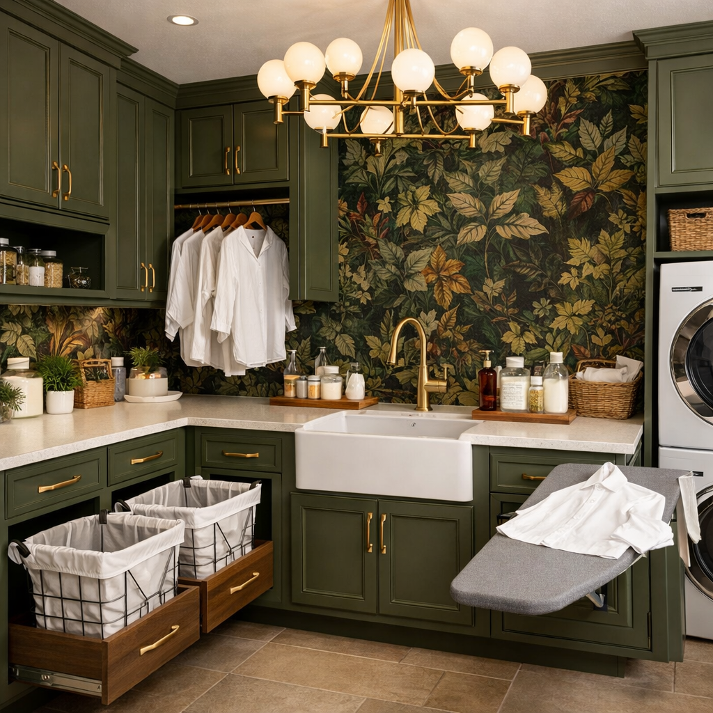 Luxury modern farmhouse laundry room with olive green cabinets, gold hardware, farmhouse sink, botanical wallpaper, pull-out hampers, chandelier lighting, and fold-down ironing board.