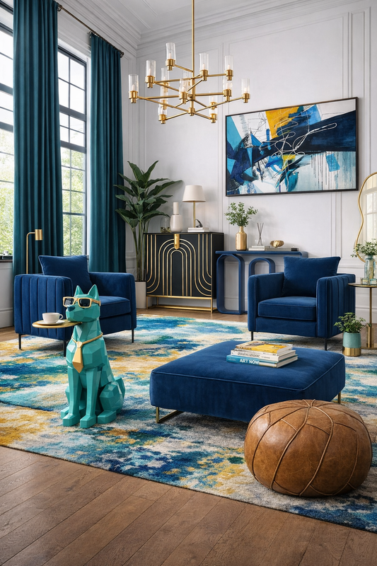 “Bright and colorful living room designed with feng shui principles, featuring harmonious furniture placement, vibrant cushions, plants for energy balance, and natural sunlight creating a calming atmosphere.”