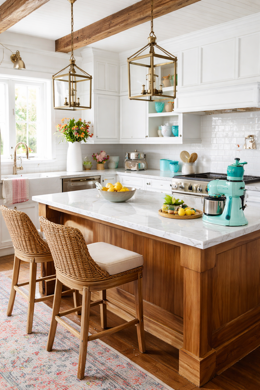 6 East Ways to Add Color to an All White Farmhouse Kitchen