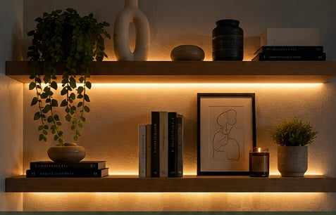 Modern home accent lighting ideas featuring an illuminated indoor olive tree, LED floating shelf lighting, contemporary wall sconces, and picture lights creating a warm luxury interior design aesthetic.