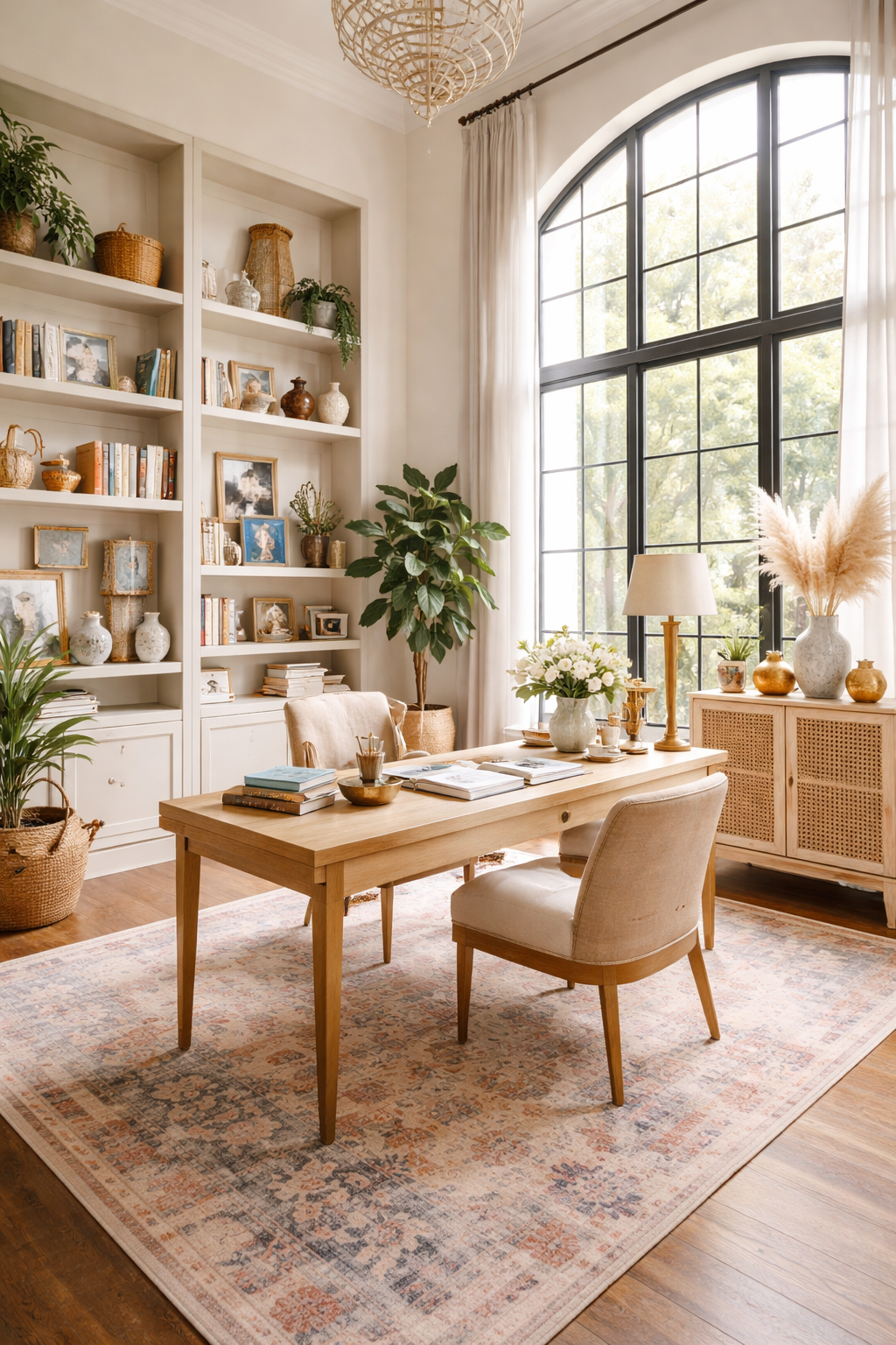 Luxury decluttered home office with high ceilings, large arched windows, curated bookshelves, warm wood desk, neutral rug, and personal decorative accents styled intentionally.