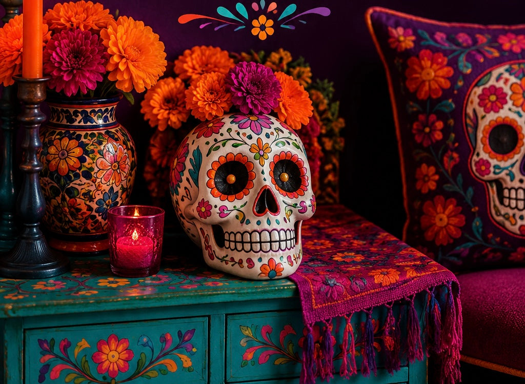 Colorful maximalist Halloween living room featuring vibrant pumpkins, flowers, candles, layered textiles, and artistic seasonal décor.