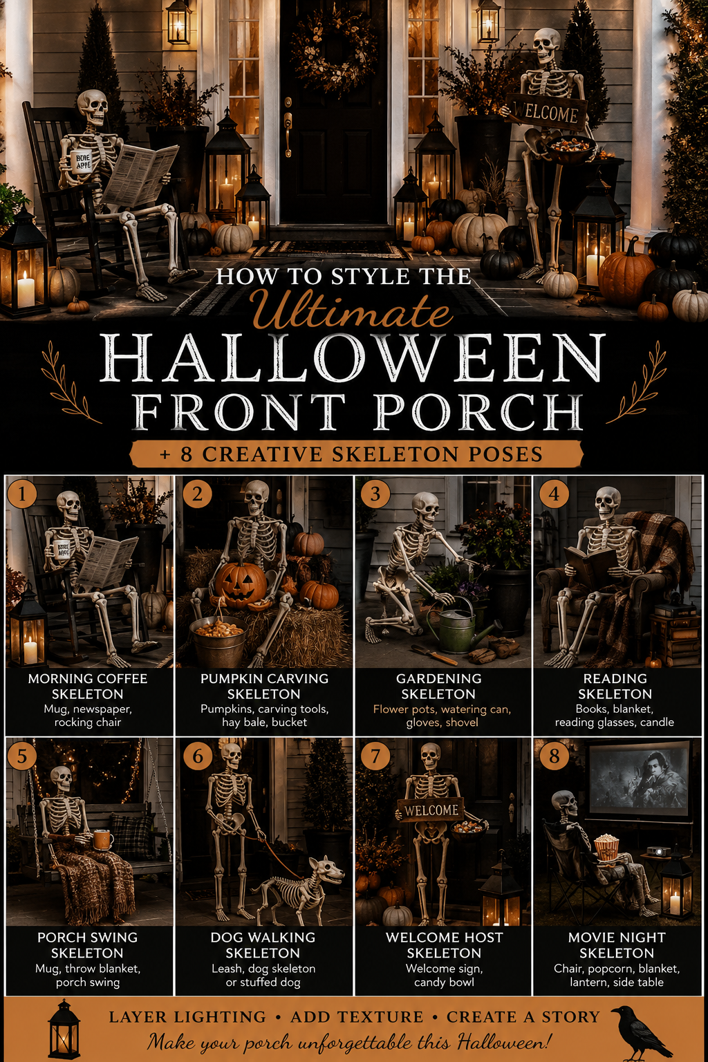 How to Style the Ultimate Halloween Front Porch (With 8 Creative Skeleton Poses)