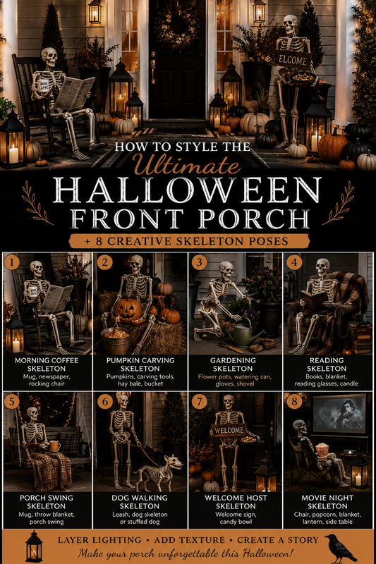 How to Style the Ultimate Halloween Front Porch (With 8 Creative Skeleton Poses)