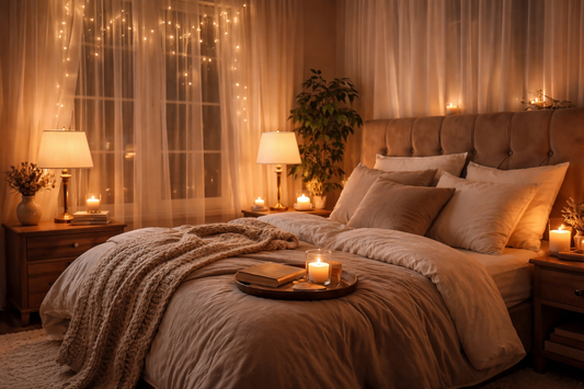 Calming cozy bedroom with warm bedside lamps, soft white bedding, neutral decor, candles, and layered lighting for better sleep, stress reduction, circadian rhythm support, and relaxing home wellness design.