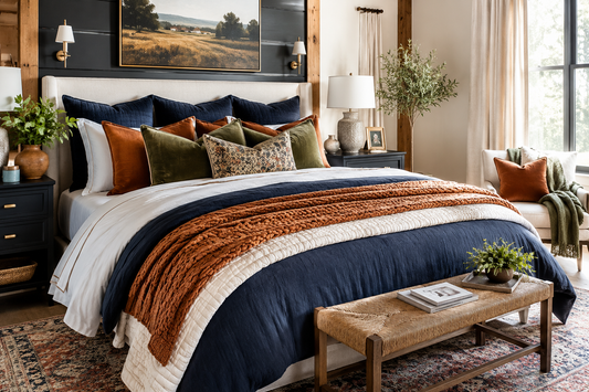 Luxury layered bed with fluffy white duvet, textured neutral pillows, linen bedding, cozy throw blankets, and designer bedroom decor styled in a warm modern organic bedroom with magazine-inspired bedding layers.