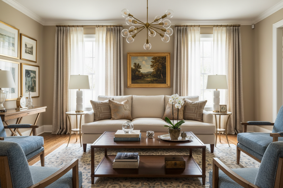 Luxury living room featuring elegant beige linen curtains, floor-to-ceiling windows, neutral furniture, warm natural light, and sophisticated modern home decor with a cozy designer aesthetic.